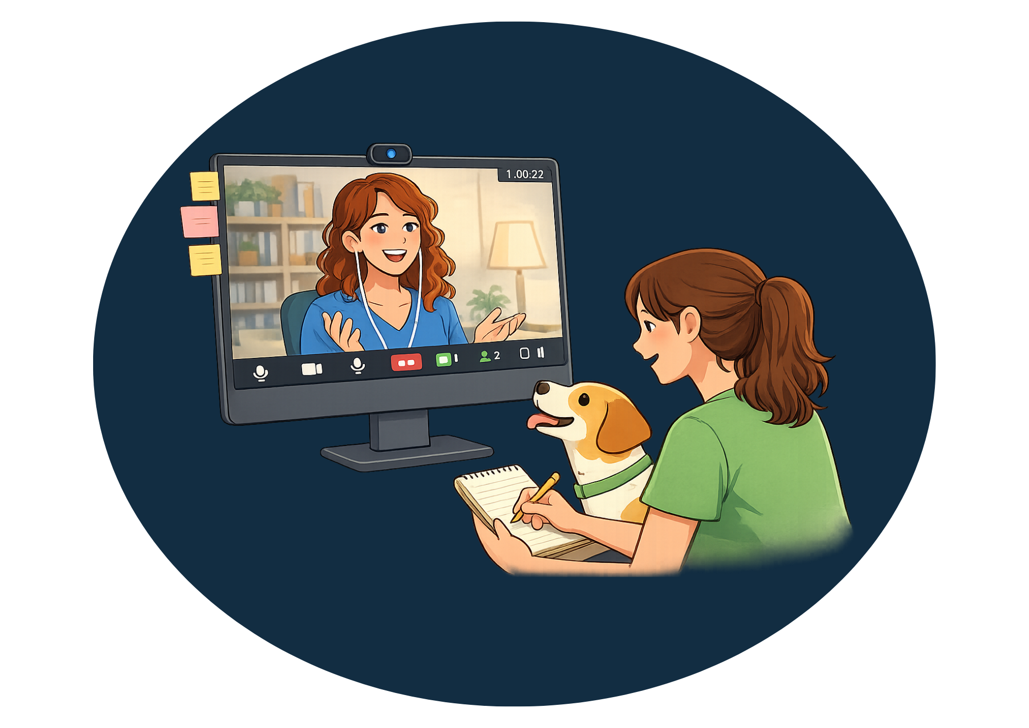 Illustration of a woman sitting with her tan and white dog and taking notes during a video call on a desktop computer, speaking to a red-haired woman on screen, suggesting an online dog consultation.