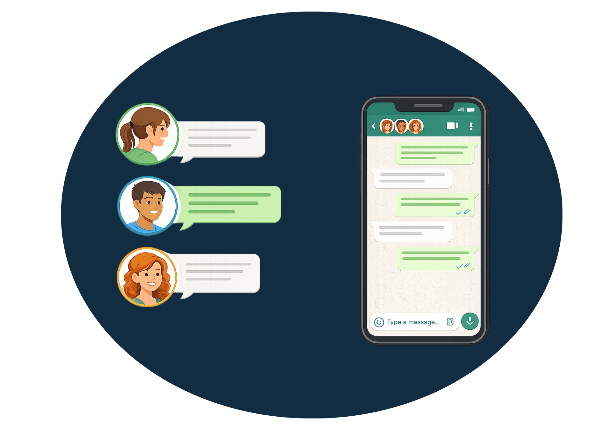 Illustration of a smartphone displaying a WhatsApp chat with three user icons at the top, and a chat conversation with green and white message bubbles. To the left, there are three speech bubbles with cartoon avatars of women and men, representing a group chat.