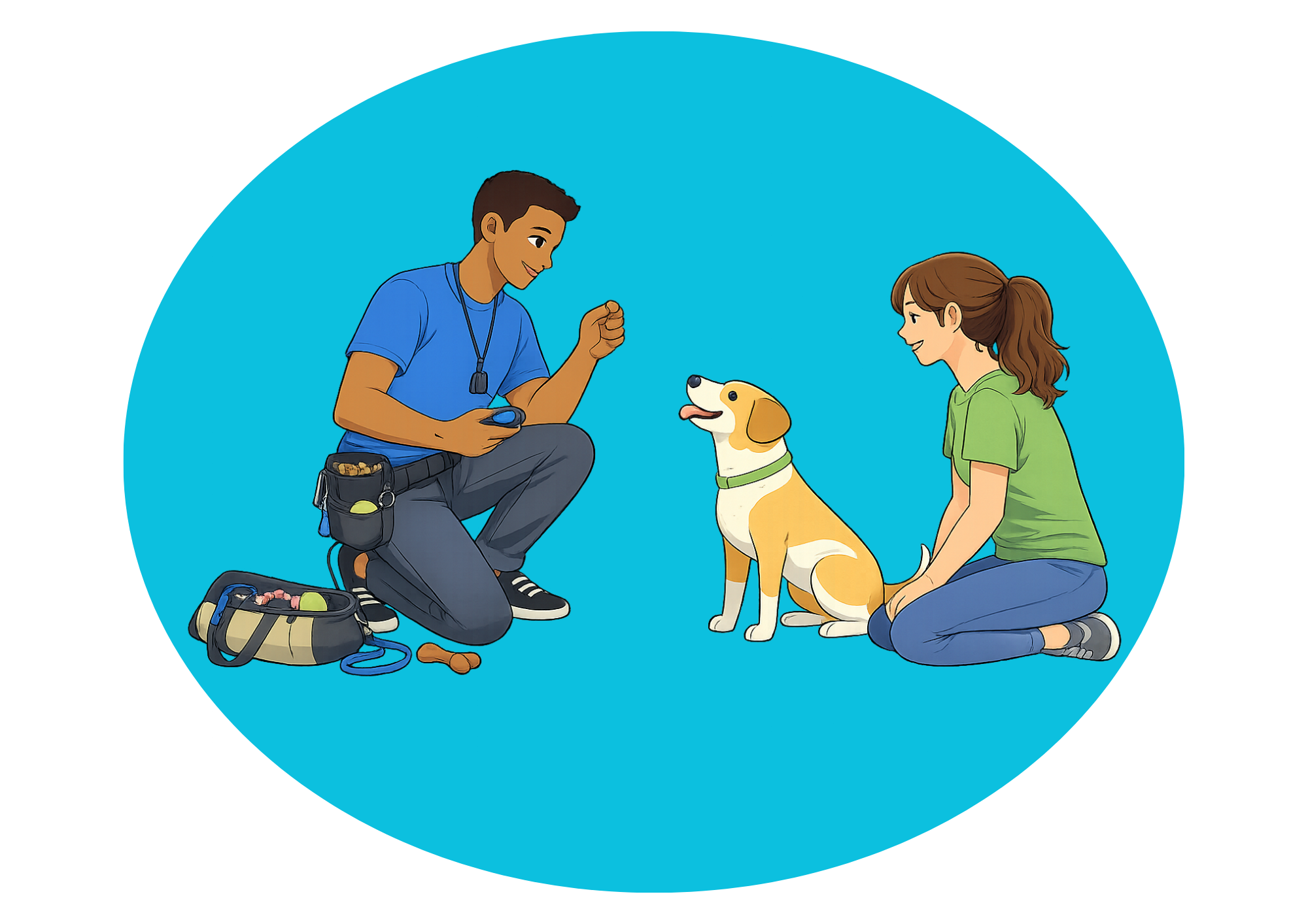 Illustration of a male dog trainer in a blue T-shirt working with a tan and white dog, while the female owner in a green T-shirt watches.