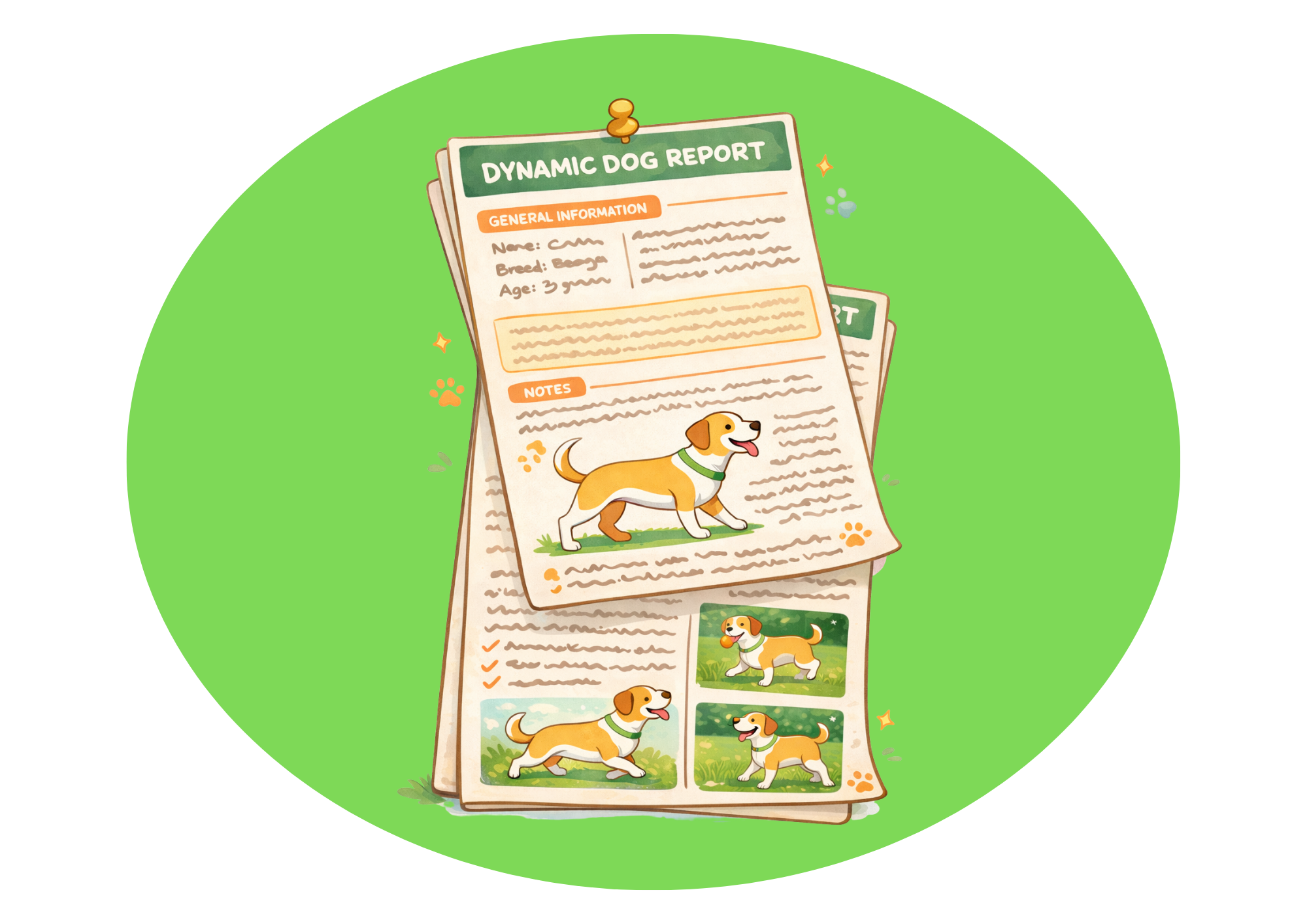 Illustration of a two page written report featuring images of a cheerful tan and white dog with a green collar, along with additional photos of the same dog in different poses on the second page, all set against a green background.