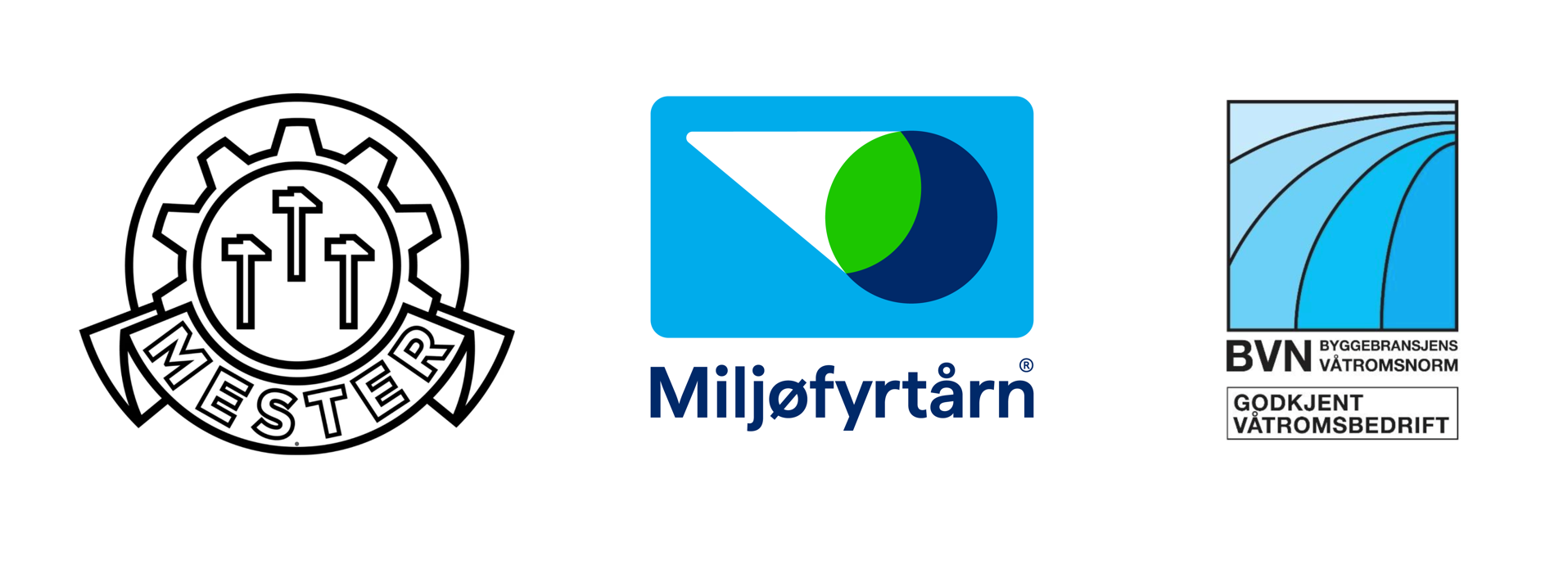 Logoer for Mellom, Miljøfyrtårn og BVN, alle tilknyttet bygg- og vannbransjen, med ulike design og farger.