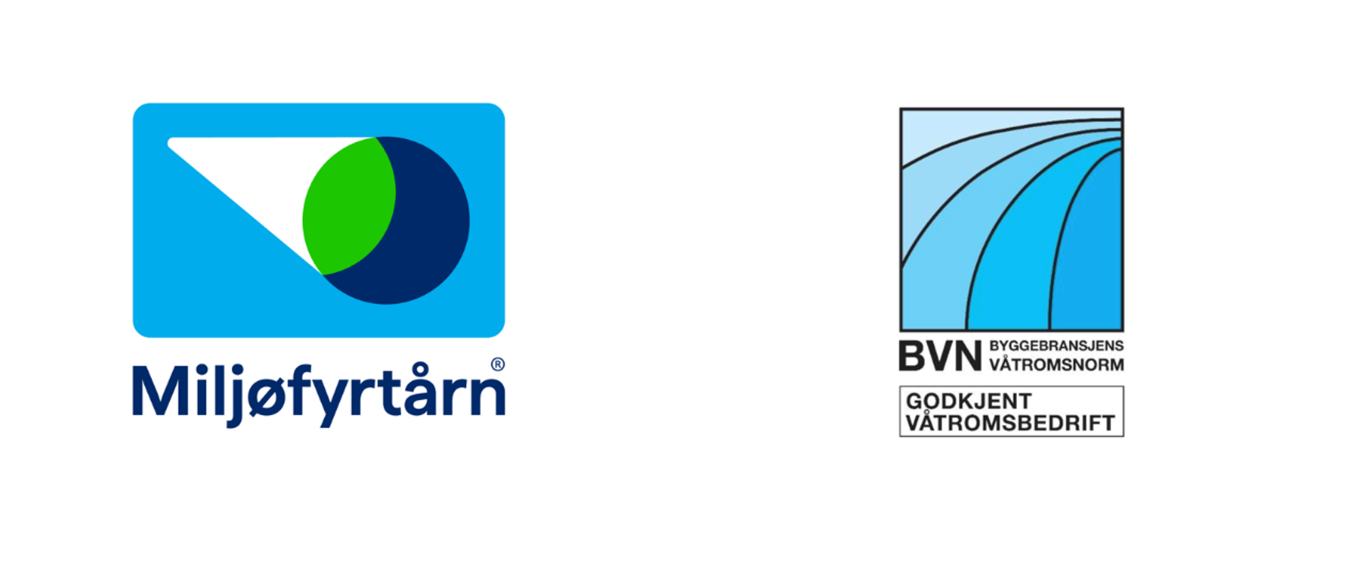 Bildet viser to sertifiseringslogoer. Den venstre logo er for Miljøfyrtårn, og den høyre logo er for BVN, som indikerer godkjent vannrørledningsvirksomhet.