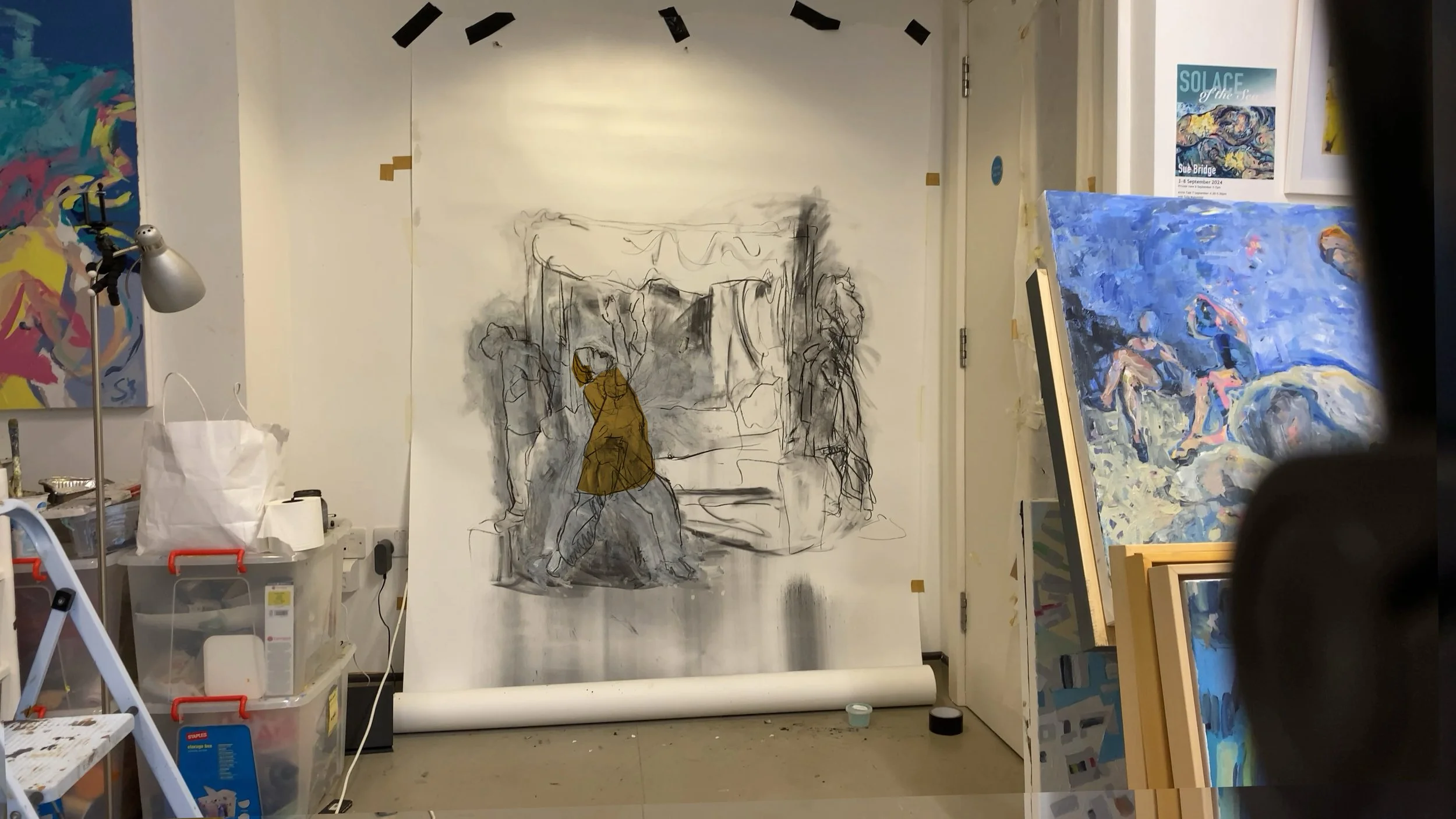 Animation drawing on the powerful movement featured in 'Golden Slumbers', a visual metaphor for the graft that’s seen as women’s work.
The working studio as seen is an intended element of this film.