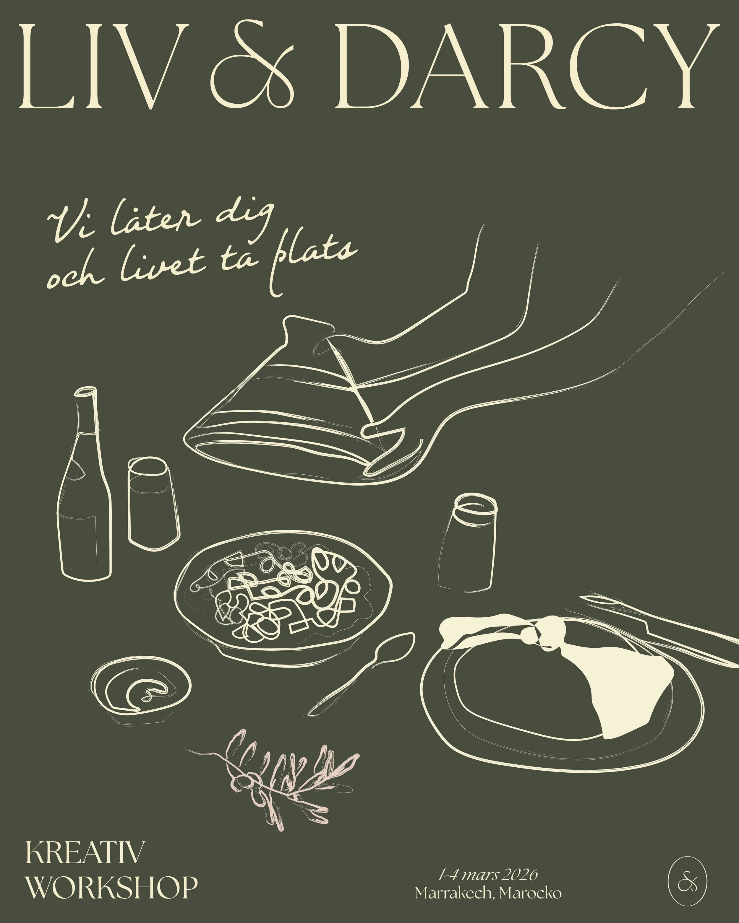 Line drawing of a dinner table scene with a plate of salad, a steak on a plate, a spoon, a sprig of herbs, and bottles and glasses.