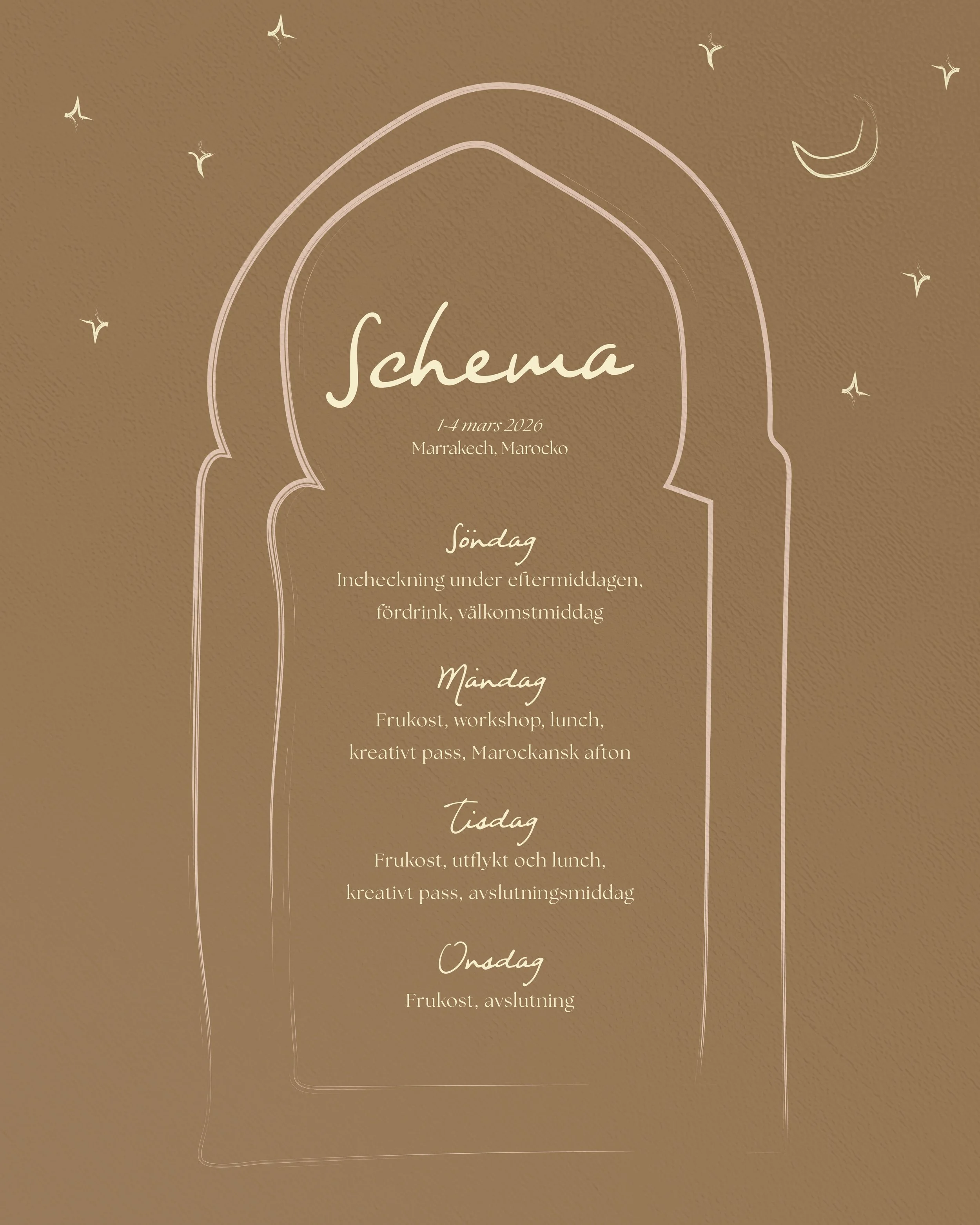 Event schedule for Marrakech, Morocco from March 4 to March 7, 2026, with daily activities listed in Swedish, including meals, workshops, and dinners, decorated with stars and a crescent moon on a brown background.