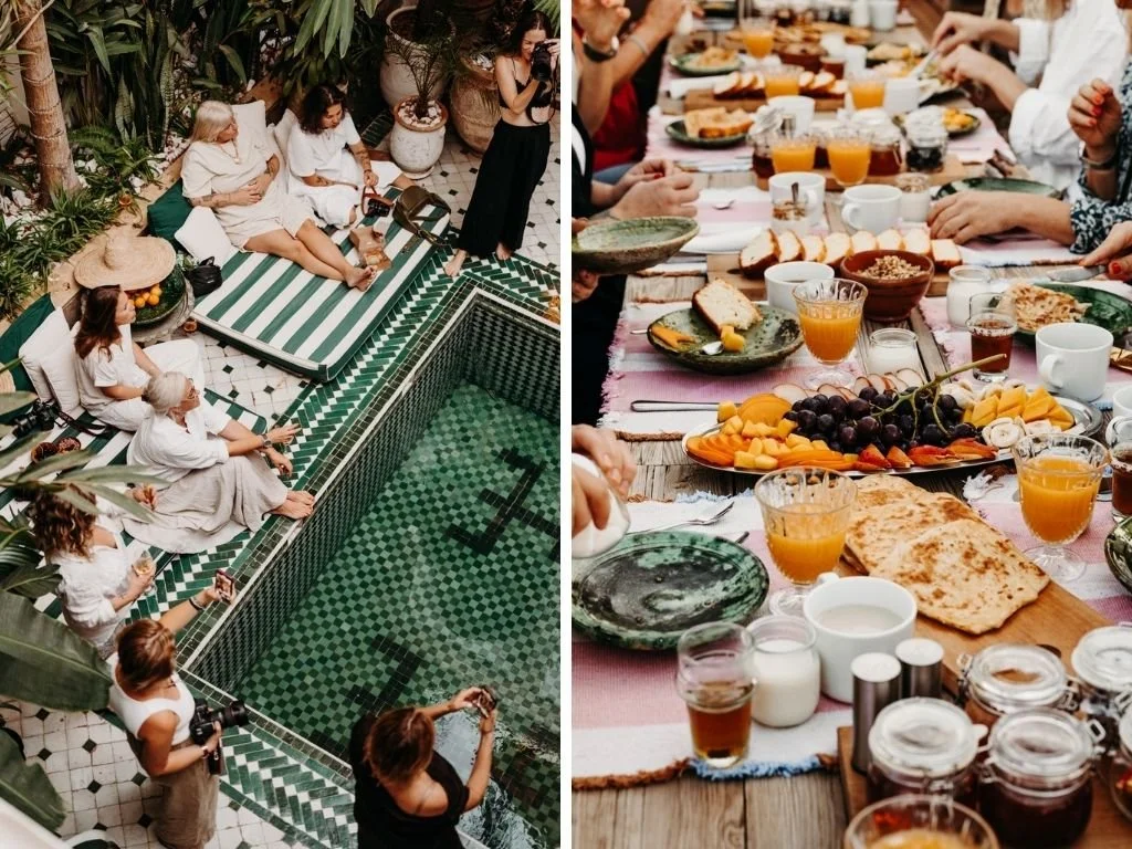 People at a poolside gathering and a table set for breakfast with various foods and drinks.