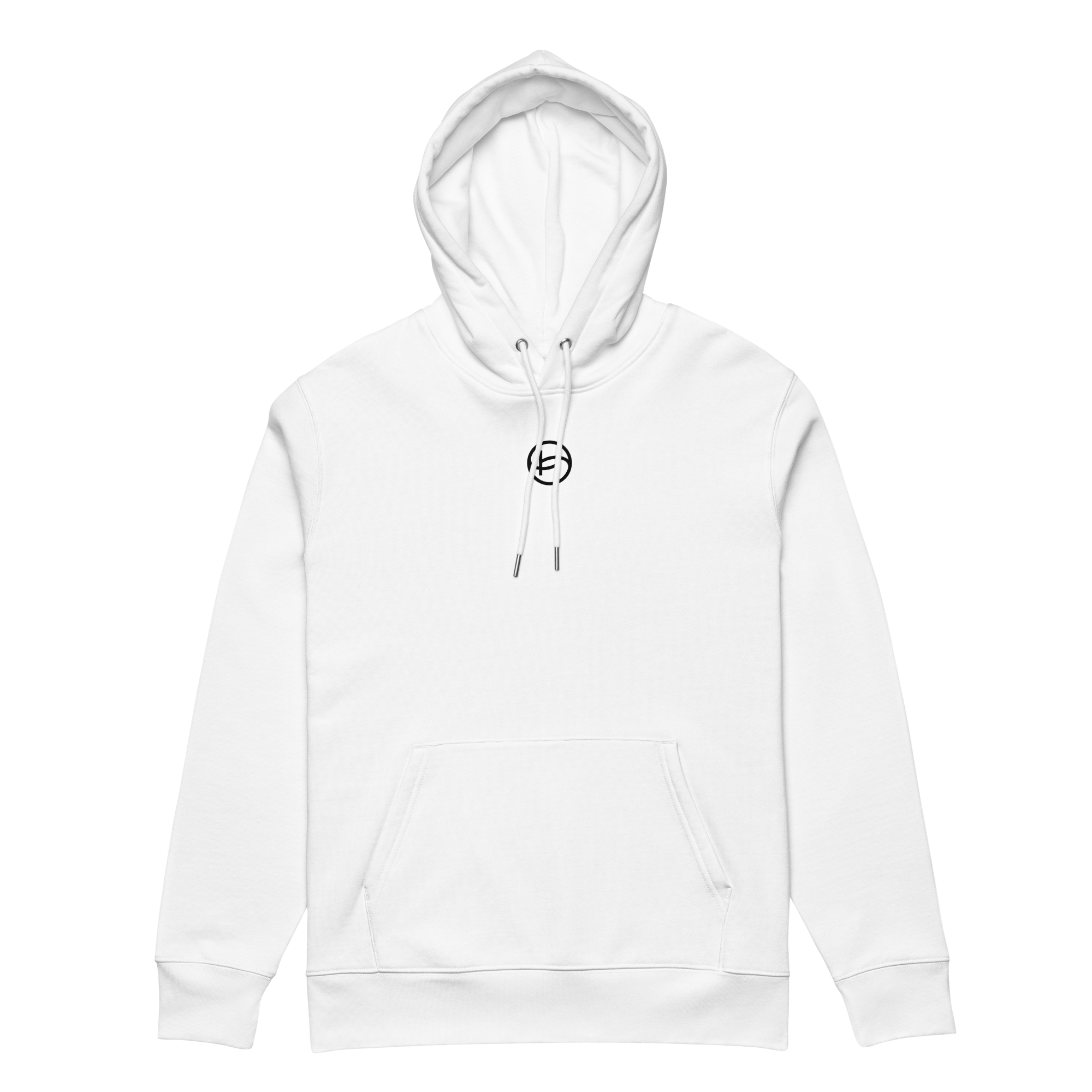 White hoodie with a logo on the sleeve, front pocket, and drawstrings in a studio setting.