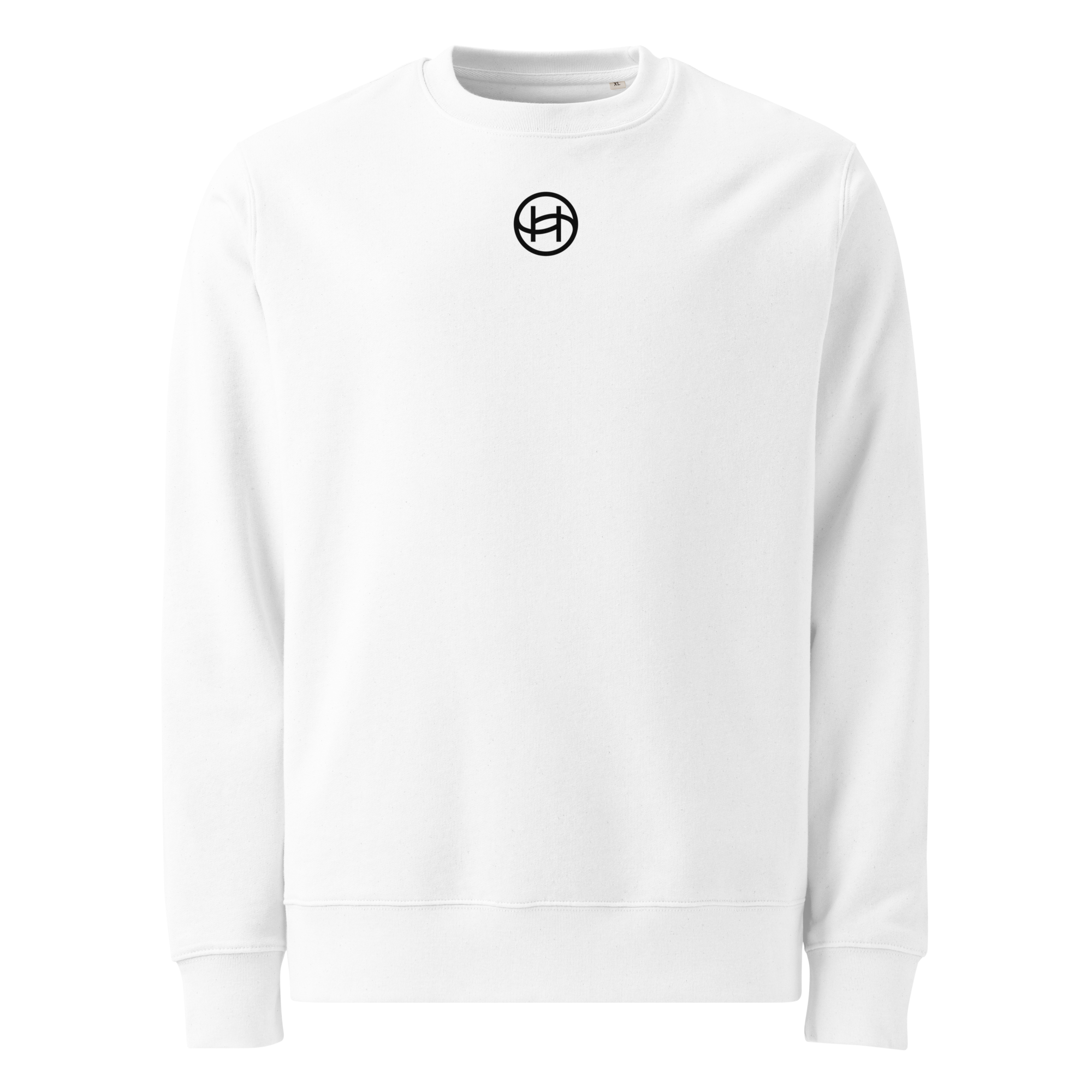 White sweatshirt with a black Polynesian tribal tattoo design on the back and sleeve.