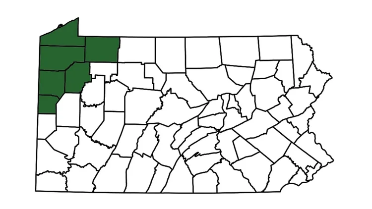 Map of Pennsylvania highlighting the six counties served by Erie Arts & Culture