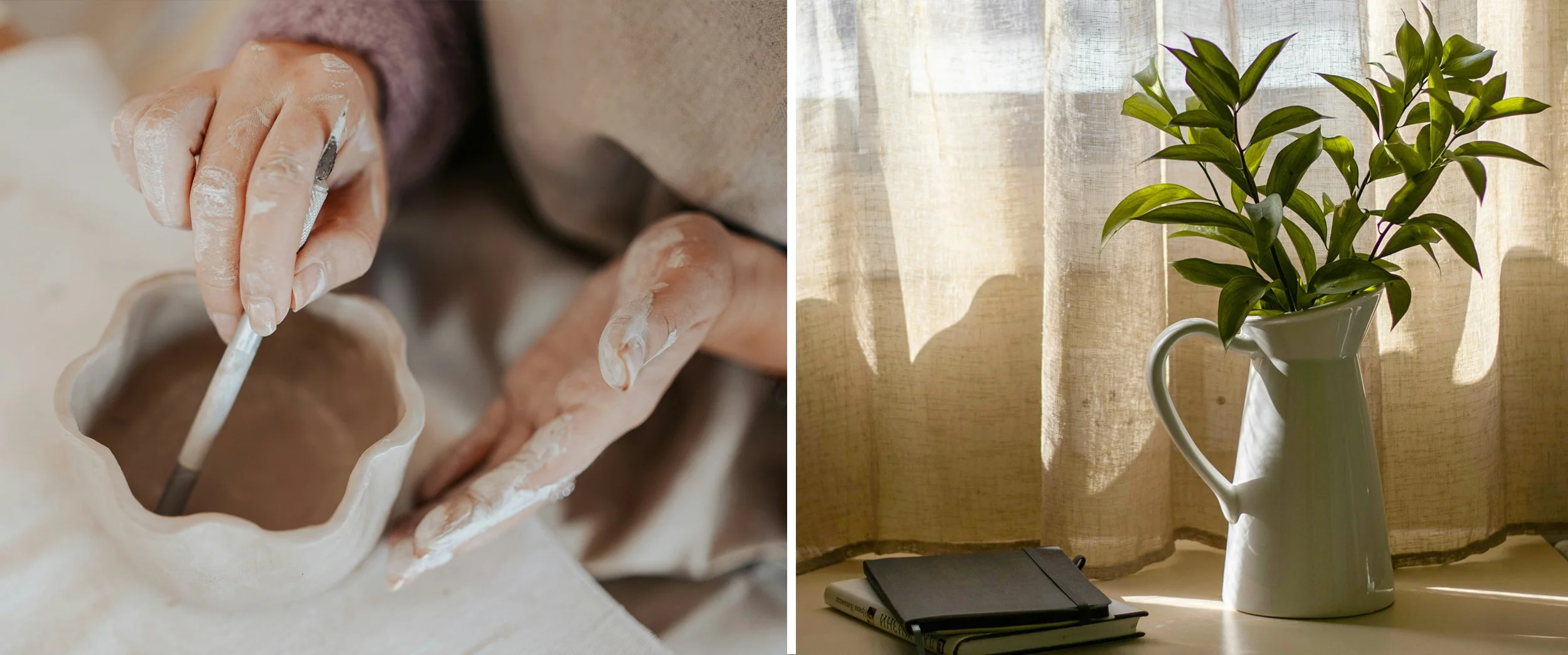 Links: Eine Person formt eine Keramikvase und trägt eine Gummihandschuh, rechter Hand mit einem Werkzeug. Rechts: Ein grüner Pflanzenzweig in einer weißen Keramikvase, auf einem Tisch vor einer lichtdurchfluteten Fenster mit beige Vorhängen, daneben ein schwarzes Notizbuch.