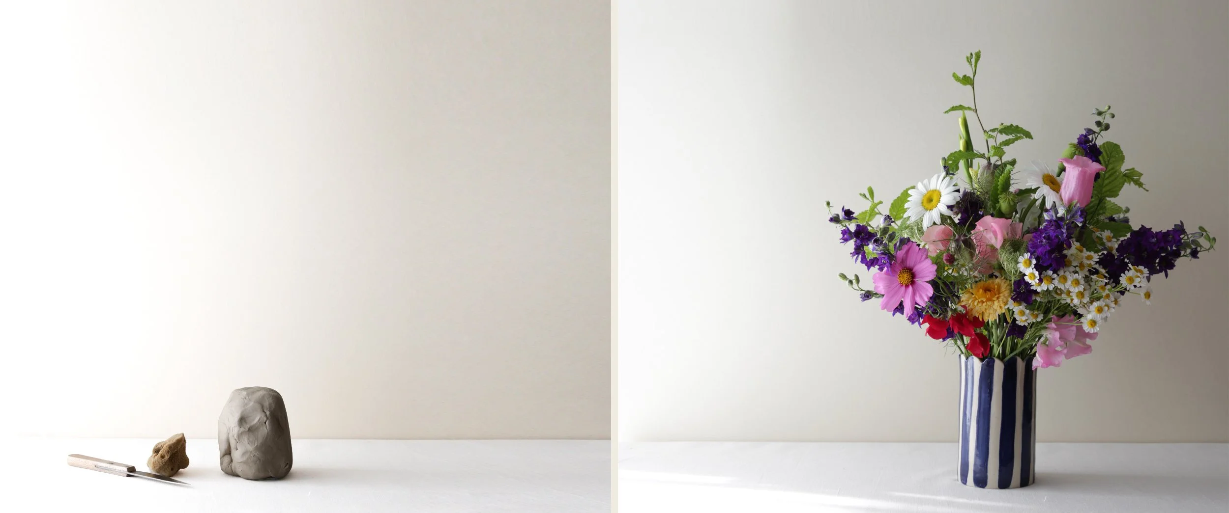 Links: Eine Person formt eine Keramikvase und trägt eine Gummihandschuh, rechter Hand mit einem Werkzeug. Rechts: Ein grüner Pflanzenzweig in einer weißen Keramikvase, auf einem Tisch vor einer lichtdurchfluteten Fenster mit beige Vorhängen, daneben ein schwarzes Notizbuch.