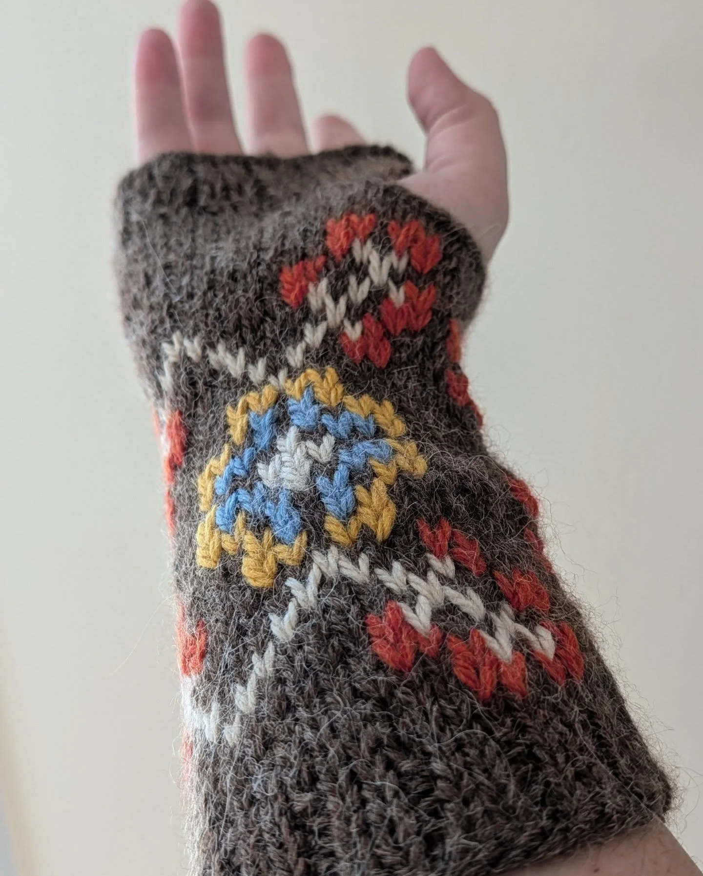 First time working with this pattern, and hoo-boy did I make some edits. I wound up doing stranded color work with the cream and the brown, then switching to embroidery for the leaves and flowers. I'm not sure if it was a better route than stranded k