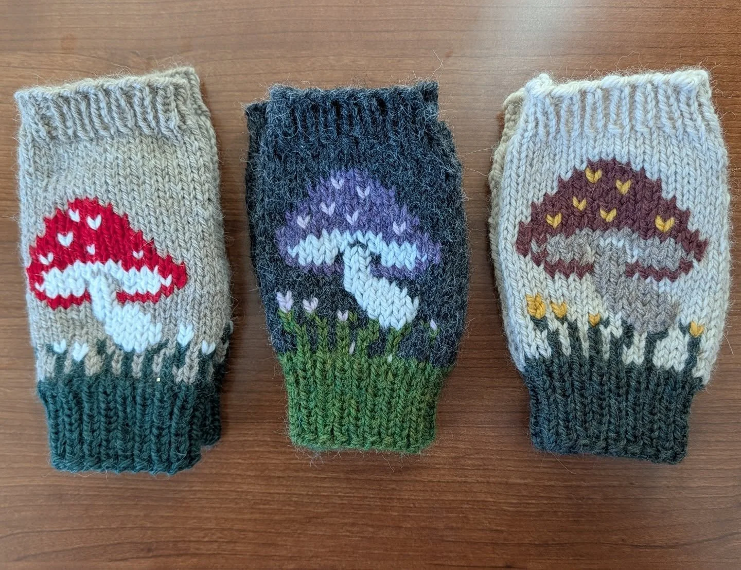 Due to a limited amount of time and yarn, these three pairs are the only Mushroom Gloves that I'll have with me tomorrow at the Grand Ledge Fall Festival. But I had so much fun with the different color combinations! Definitely a &quot;make it work&qu