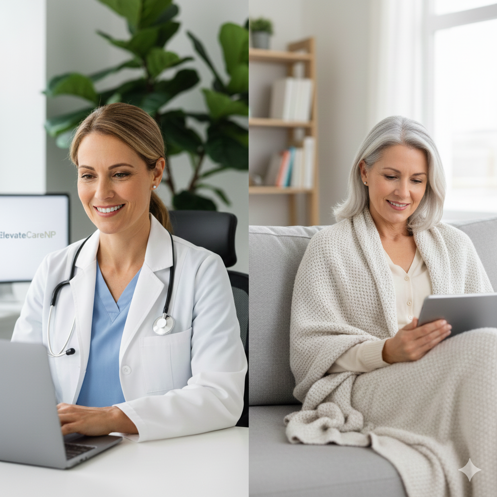 Split image of a medical professional in a white coat and stethoscope using a laptop on the left, and a smiling elderly woman with gray hair in a cozy cardigan sitting on a couch and using a tablet on the right.