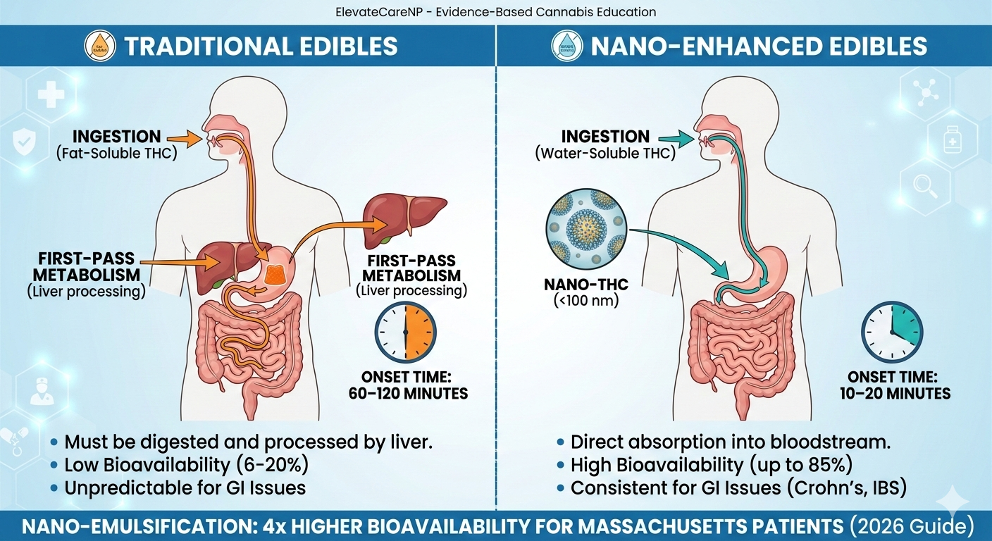 Infographic diagram for ElevateCareNP comparing traditional edibles vs. fast-acting nano-emulsified THC absorption in the body, including bioavailability metrics and onset times for Massachusetts patients managing Crohn's and IBS.