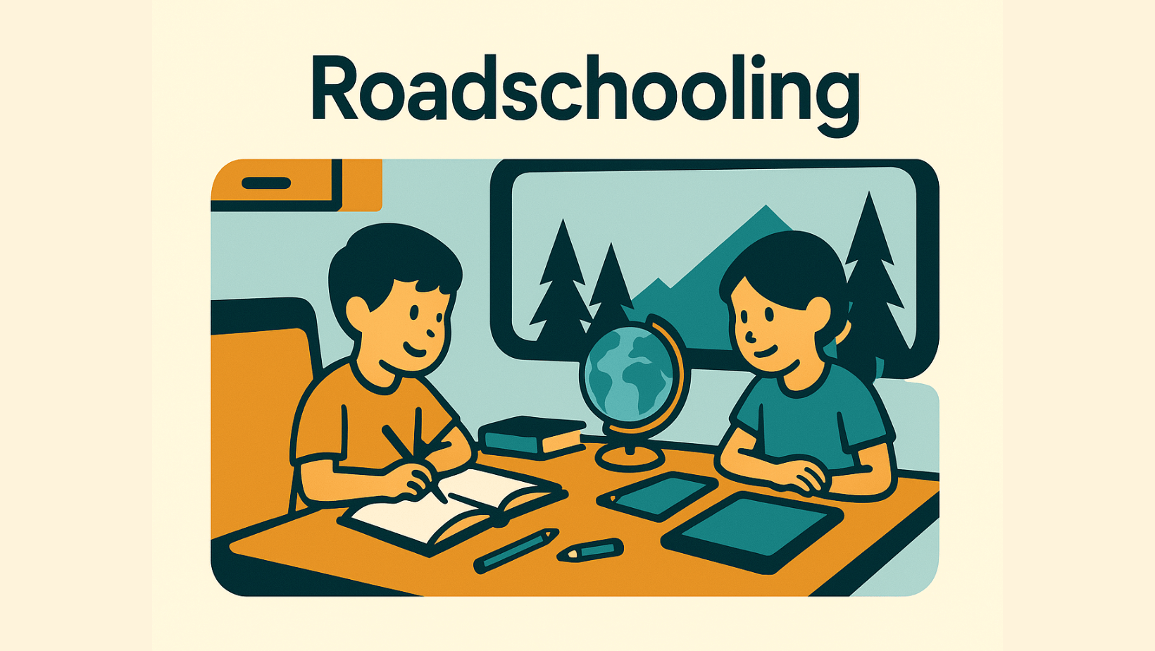 Illustration of two children sitting at a desk with school supplies, a globe, and a window showing mountains and trees, labeled 'Roadschooling'.
