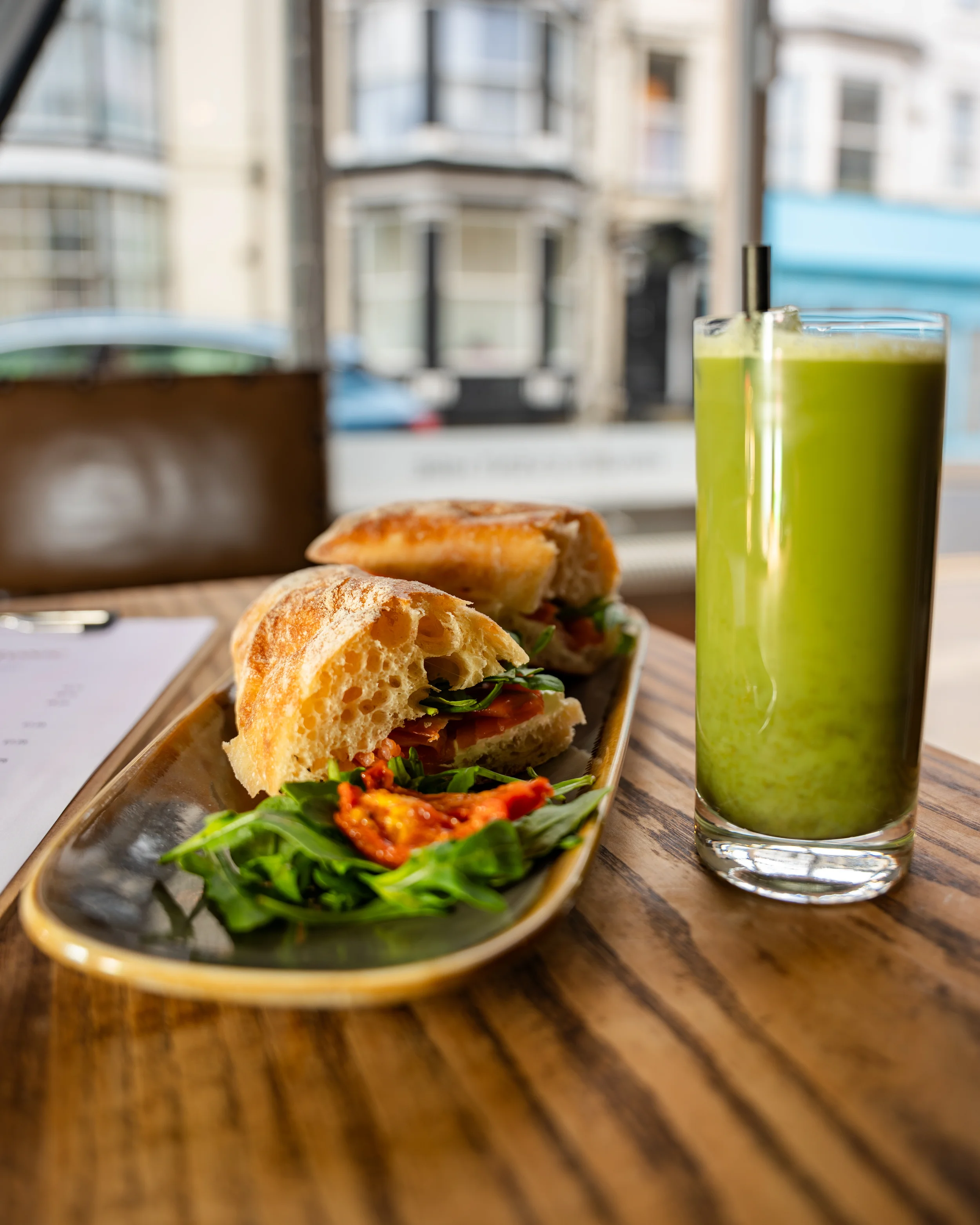 Matcha drink and sandwich