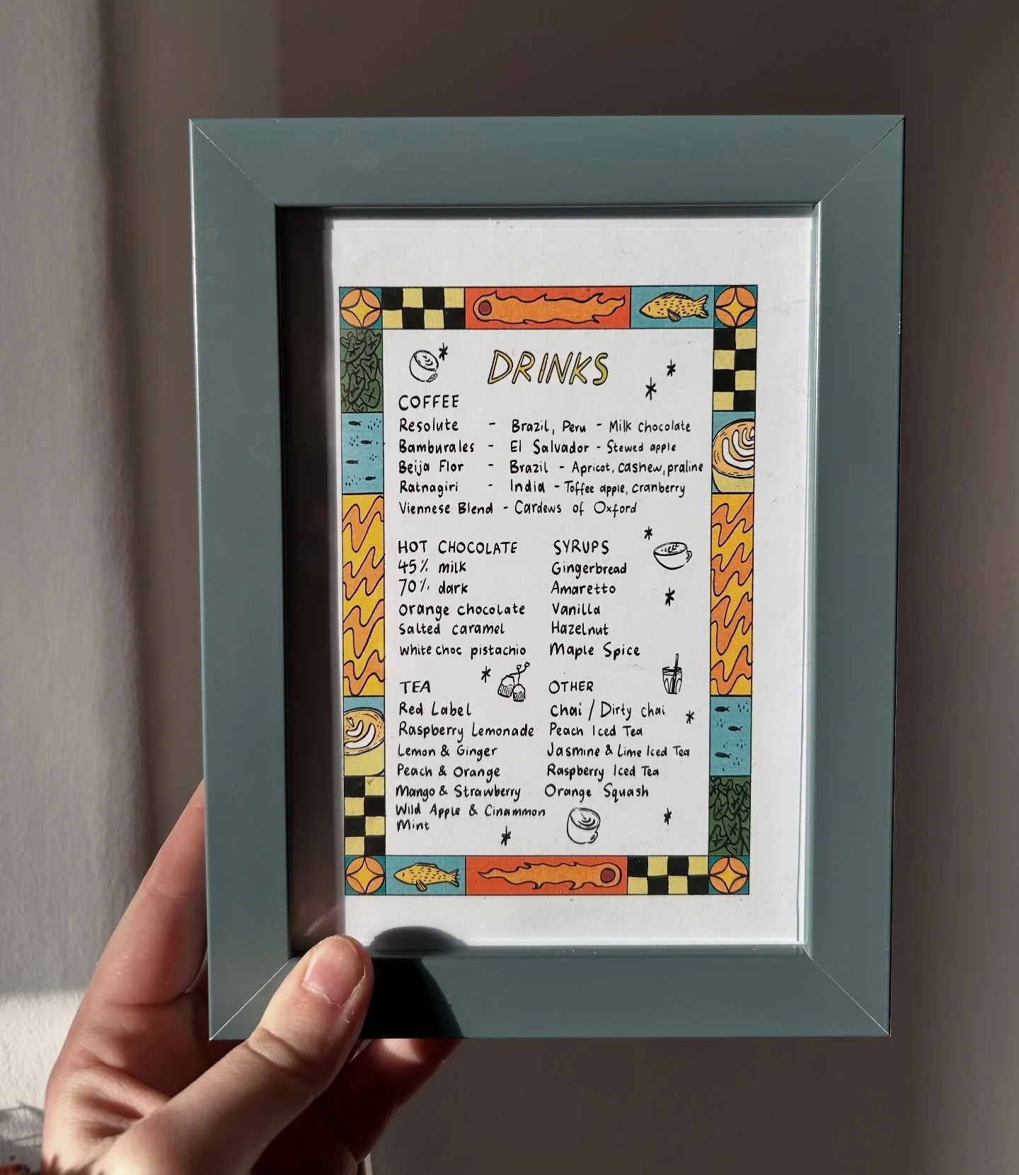 i posted this on my story the other day but i am so happy with how my new drinks menu has come out i had to post it properly now it&rsquo;s printed and framed 🌟 friends - have a browse ready for when you next visit 😅