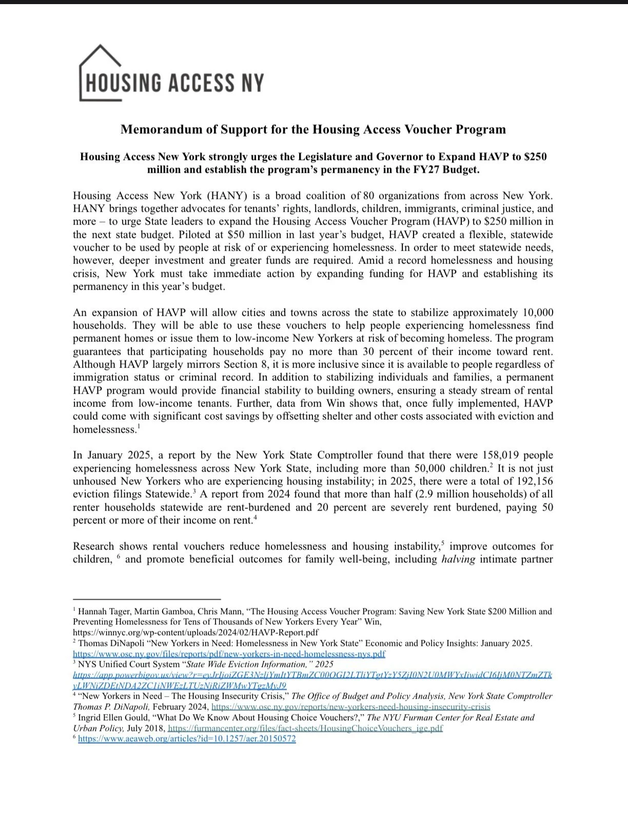 Housing Access NY Memo of Support for HAVP FY27