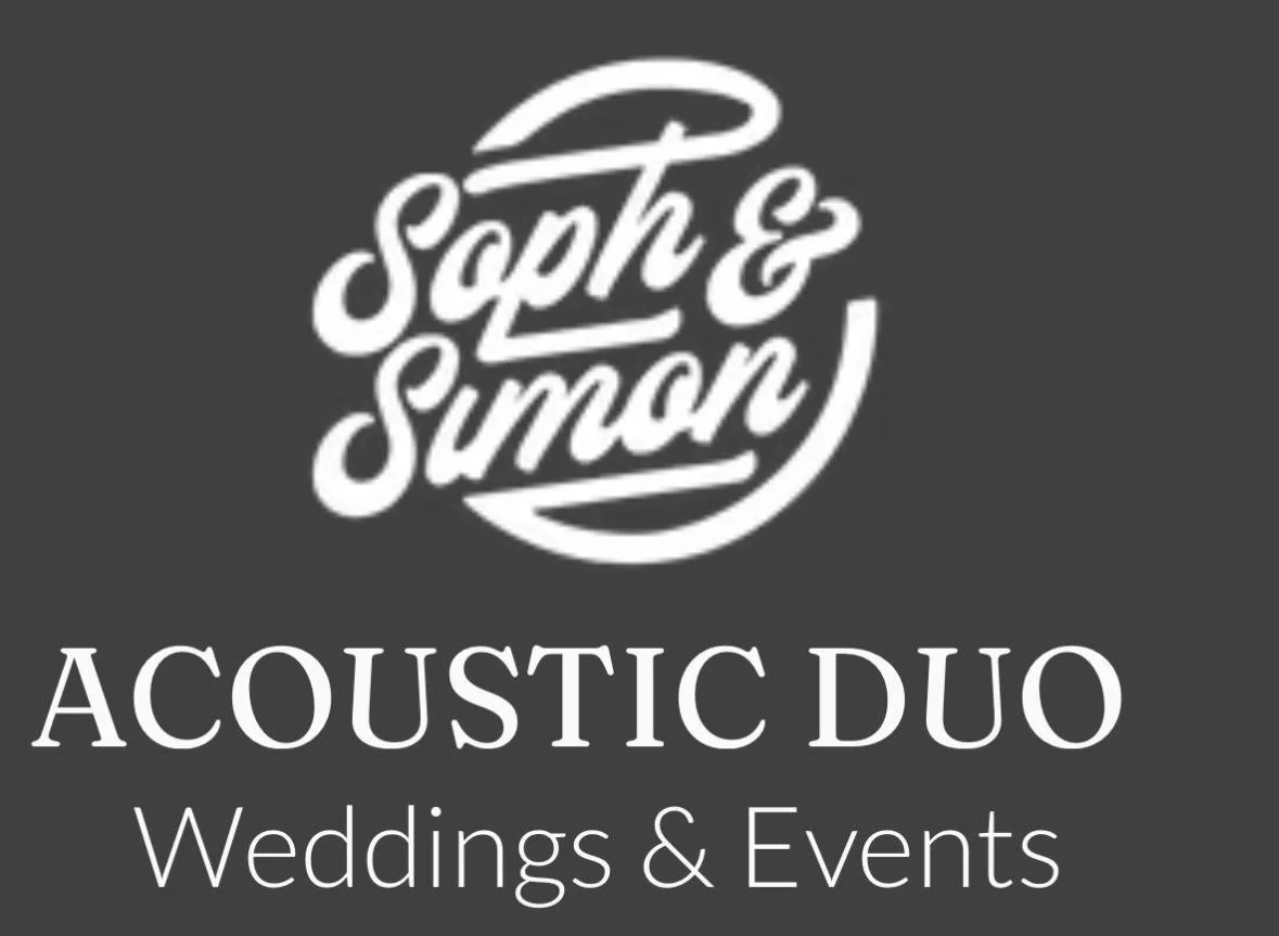 Logo for Soph & Simon Acoustic Duo, featuring stylized white text on a dark gray background with the words "Weddings & Events" underneath.