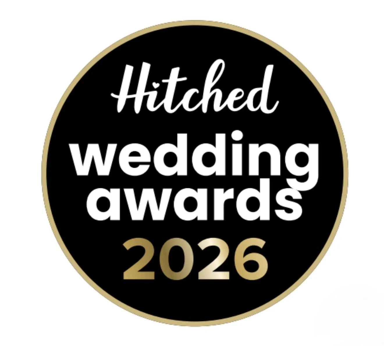 Black circular badge with gold border and text reading 'Hitched wedding awards 2026' in white and gold font.