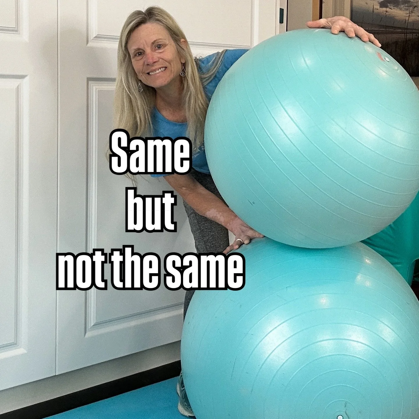 Both of these balls are 65 cm balls. Same company and same size. 
The smaller ball was inflated one time and only reached 80% capacity. 
The larger ball was inflated over a period of 2 to 3 days adding air each day until it reached its full size. 
Go