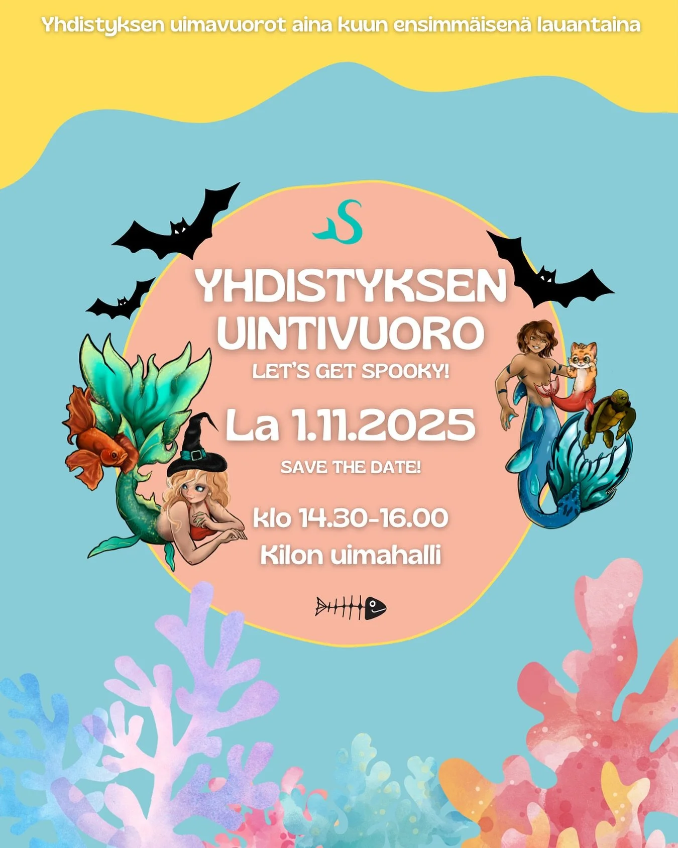 🎃 YHDISTYKSEN LEGENDAARINEN HALLOWEEN UINTIVUORO 🧜&zwj;♀️
La 1.11.2025 klo 14.30&ndash;16.00 | Kilon uimahalli

✨ Uskallatko sukeltaa pimeydess&auml;? ✨
Tule kokemaan taianomainen Halloween-uintivuoro, jossa p&auml;&auml;set kokeilemaan pime&auml;s