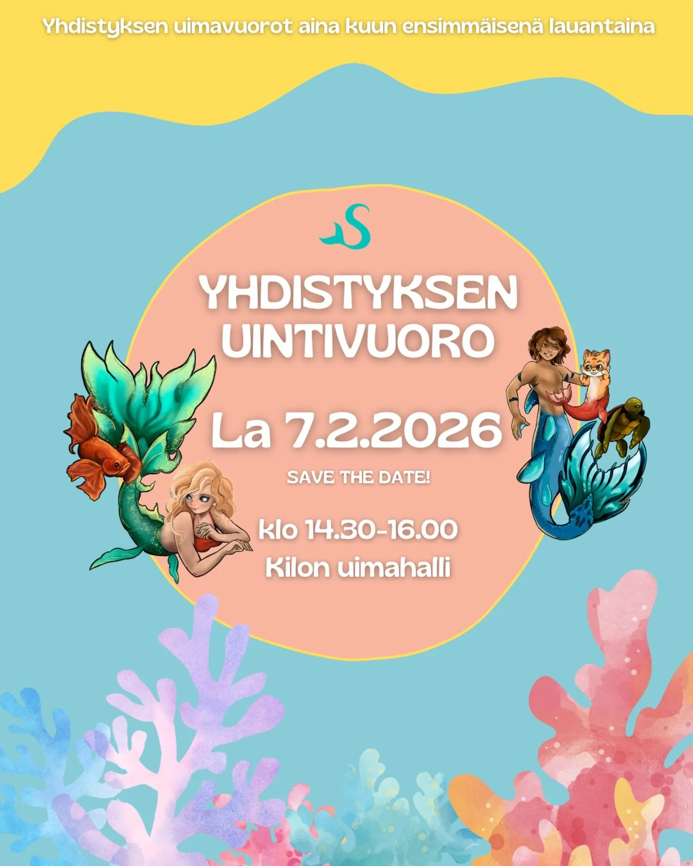 Kev&auml;&auml;n ENSIMM&Auml;INEN yhdistyksen uintivuoro on pian t&auml;&auml;ll&auml; &ndash; on siis aika her&auml;tt&auml;&auml; pienet mermisten ev&auml;t talviunilta.

La 7.2. klo 14.30&ndash;16.00 | Kilon uimahalli
Kuplat, pyrst&ouml;t ja hyv&a