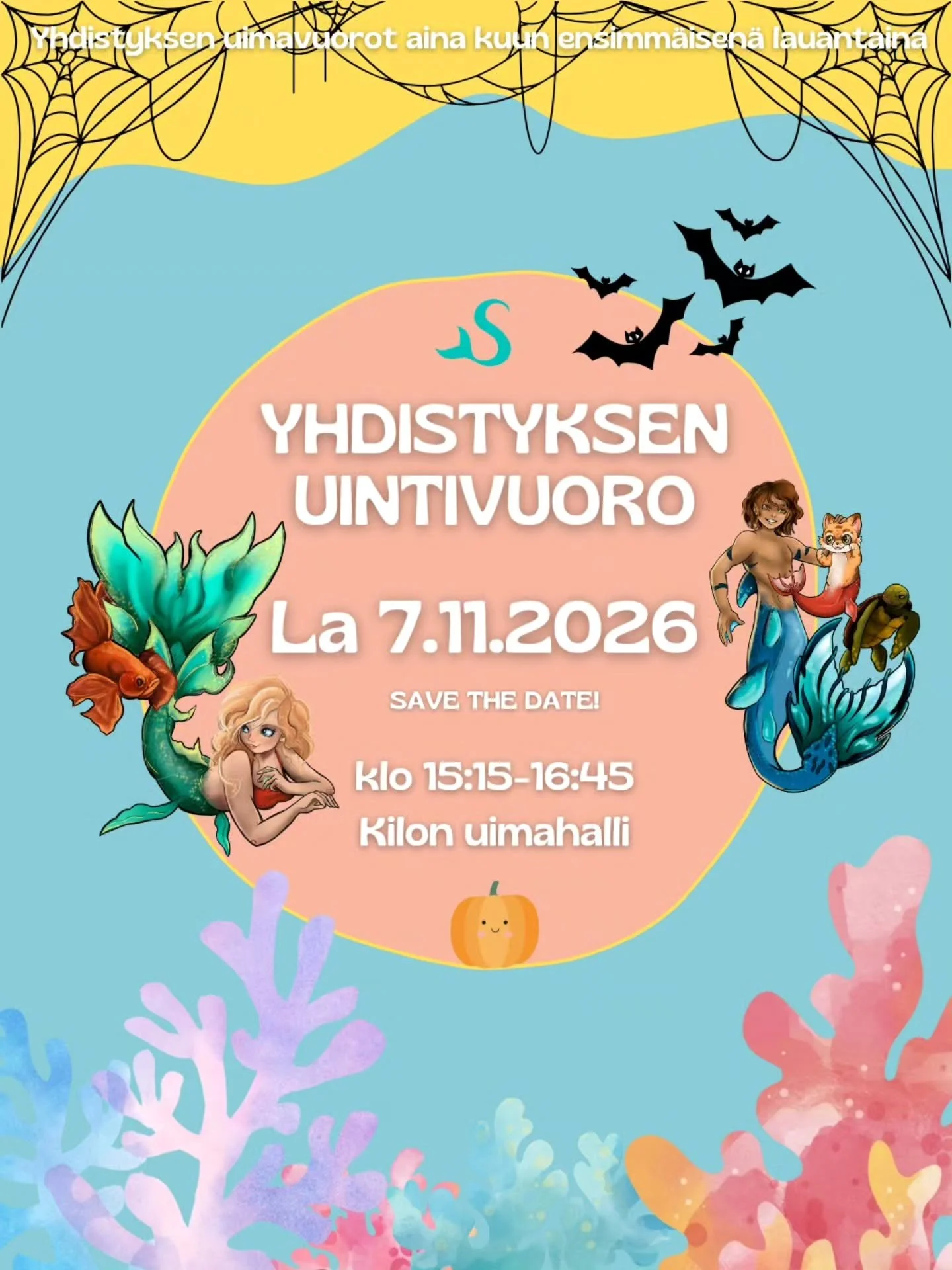 Vuoden suosituin uintivuoro on kohta t&auml;&auml;ll&auml;! 🎃

Jo nelj&auml;n&auml; vuotena per&auml;kk&auml;in on marraskuun/halloween uintivuoro ollut vuoroista kaikkein suosituin 🕸️

Pakkaa siis karmein seireeni asusi ja suuntaa meid&auml;n kans