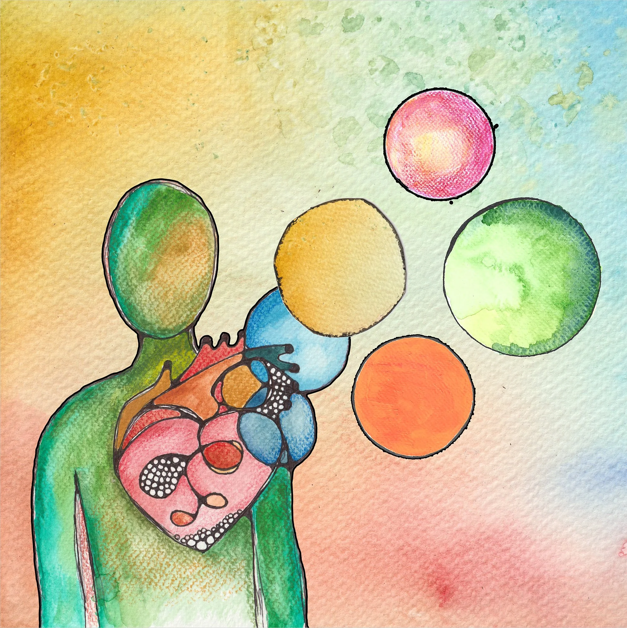 Watercolor illustration of a simplified human figure with a visible heart and six colorful circles representing thoughts or ideas around the head.