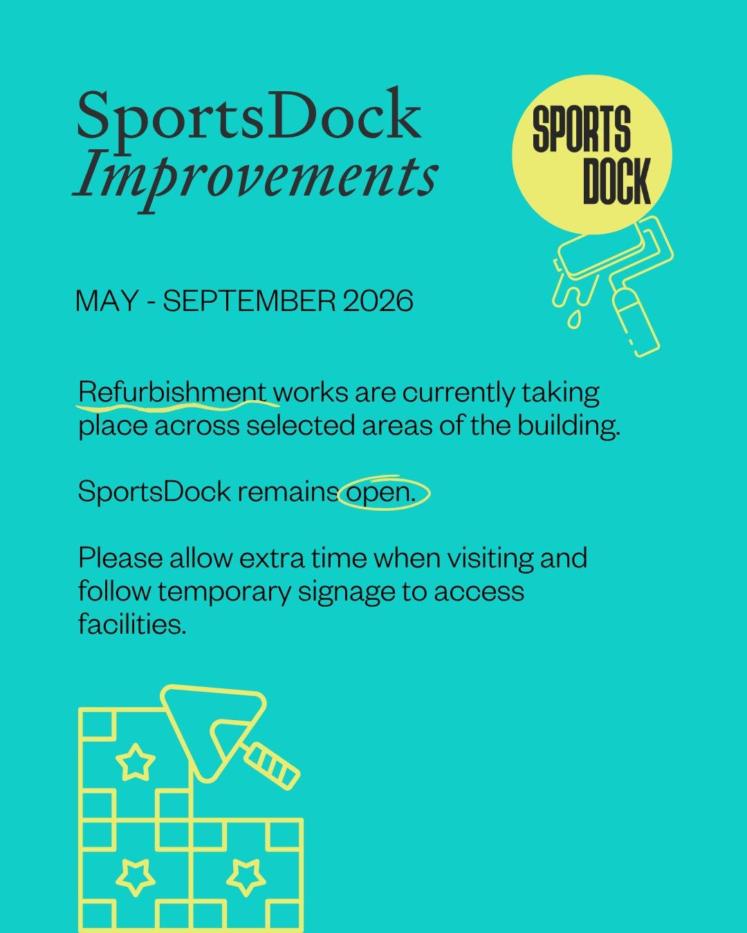 SportsDock is getting an upgrade!✨ 

From May to September 2026, refurbishment works will improve key areas across the building, including changing rooms, reception, and social spaces.

SportsDock remains open throughout, with some temporary changes 