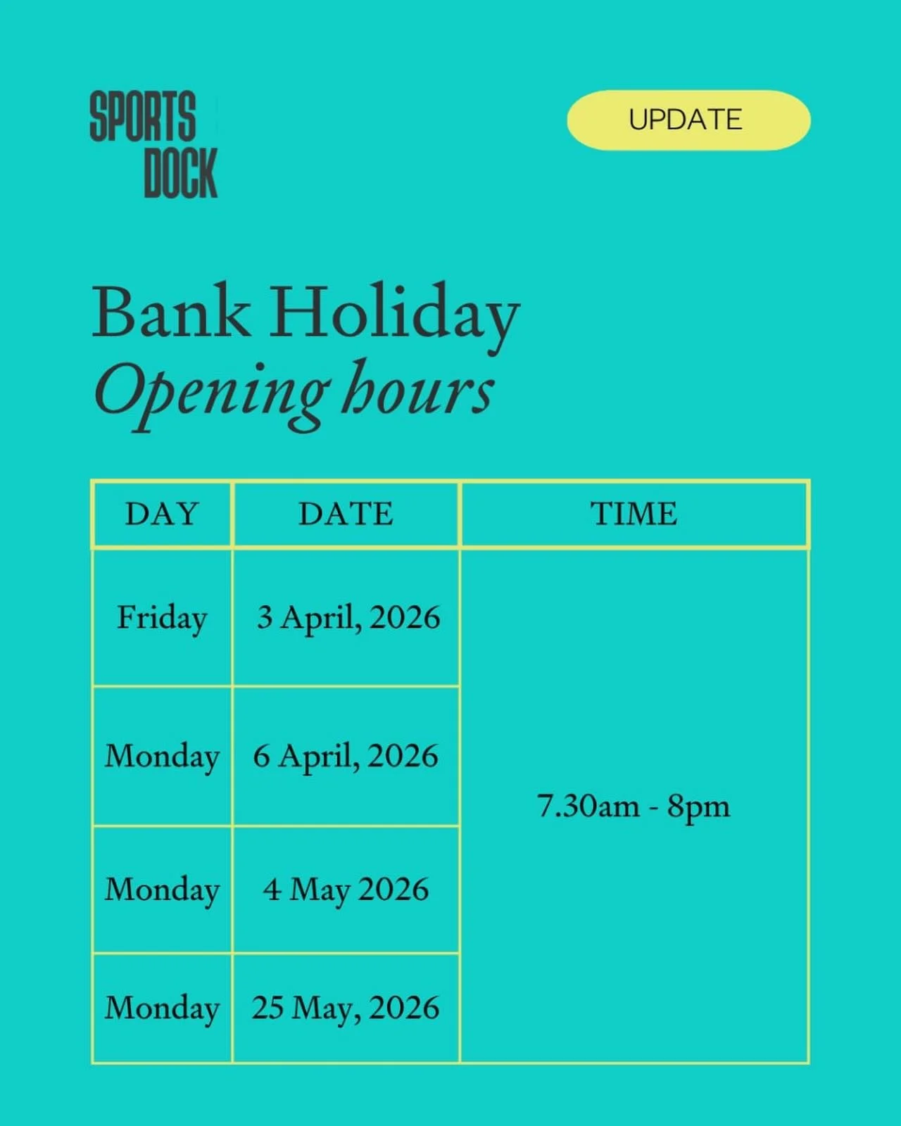 Bank Holiday opening times at SportsDock👇

Our opening hours for the upcoming bank holidays are - 7.30am - 8pm on:

Friday, 3 April, 2026
Monday, 6 April, 2026
Monday, 4 May, 2026
Monday, 25 May, 2026 

Please double check the details with your usua