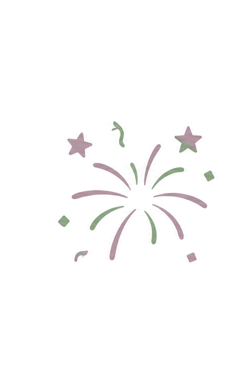 Illustration of fireworks with pink and purple streaks, green stars, and small scattered shapes against a black background.