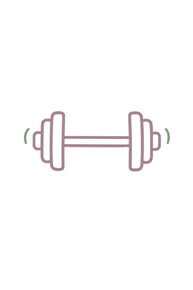 Drawing of a dumbbell with purple outlines and green motion lines on both ends, indicating movement or weightlifting activity.