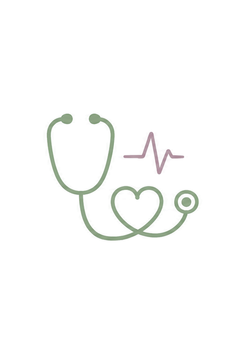 Neon pink and green medical icons including a stethoscope, heart with heartbeat, and a male gender symbol.