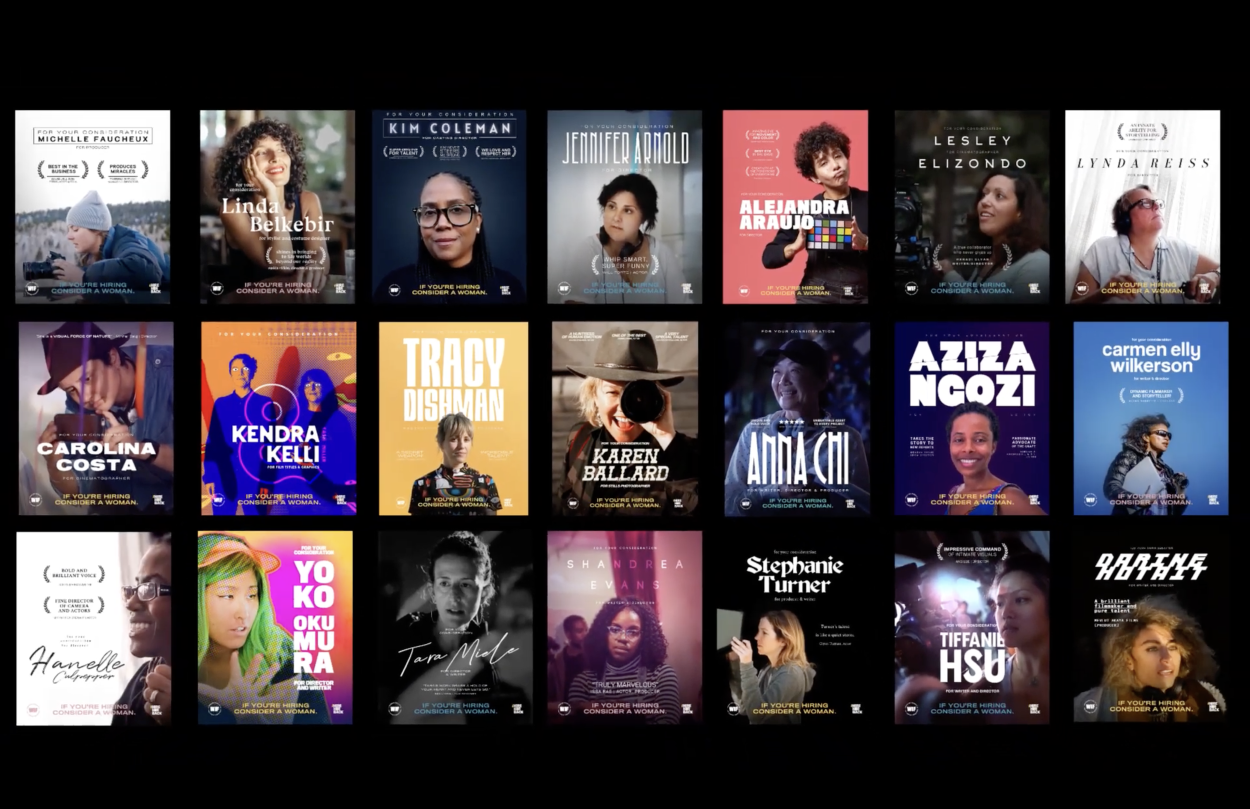 A collage of diverse documentary posters featuring women, with some titles including Michelle Faucheux, Linda Belkebir, Jennifer Arnold, Alejandra Araujo, Lesley Elizondo, Lynda Reiss, Kendra Kelli, Tracy Dishman, Karen Ballard, Anna Cui, Aziza Ngozi, Carmen Elly Wilkerson, and Tiffany Hsu.