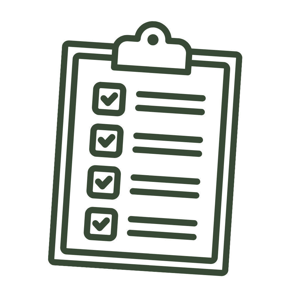 Outline drawing of a clipboard with a checklist of items, each marked with a check.