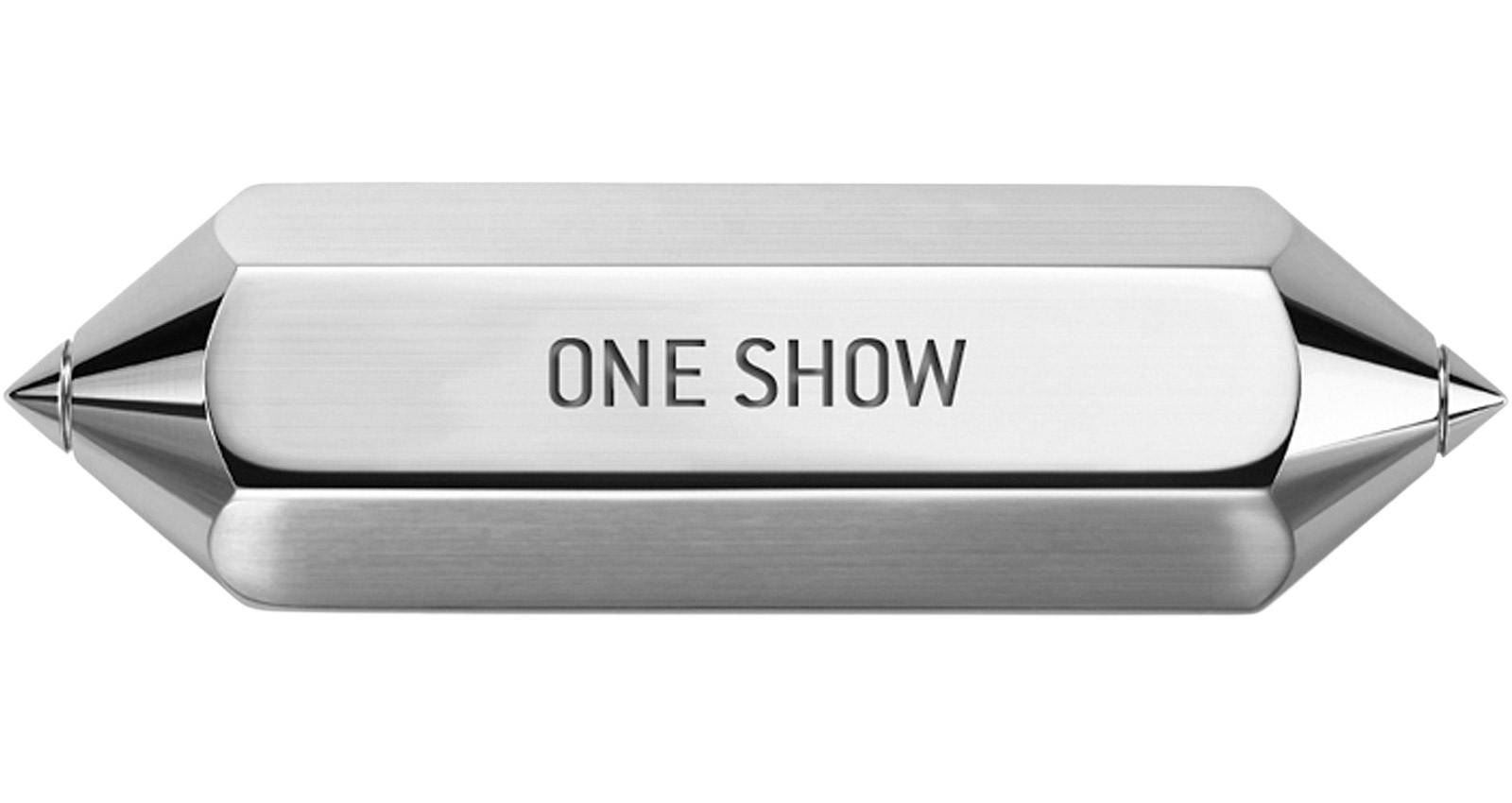 A silver metallic ticket with the words 'ONE SHOW' engraved in the center.