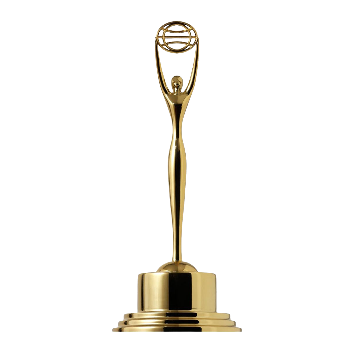 Gold trophy with a globe design on top and a stylized human figure holding up the globe, mounted on a round base.