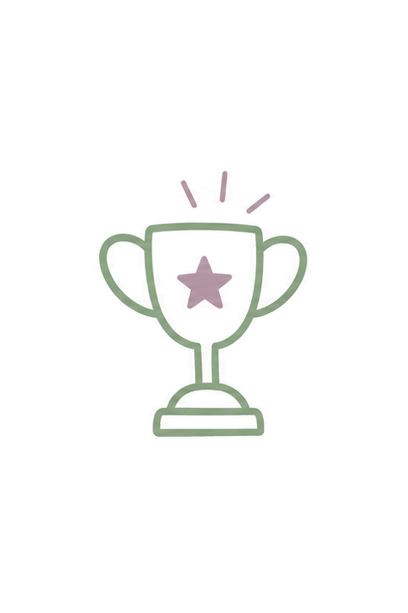 A neon-style illustration of a trophy cup with a star on it, topped with three pink ribbons or swirls.