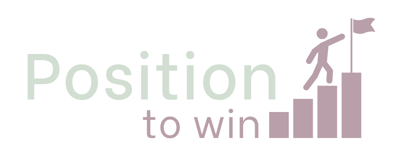 A graphic with the text "Position to win" and an illustration of a person climbing ascending bars, ending at a flag.