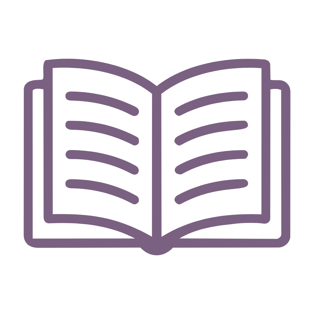 Outline of an open book in purple on a black background.