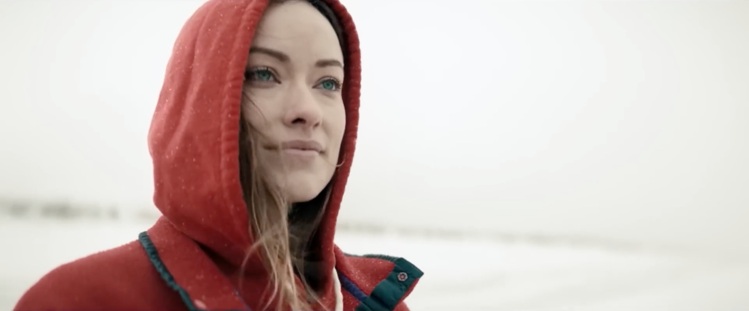 A woman wearing a red hooded jacket outdoors in a foggy or snowy landscape with a body of water in the background.