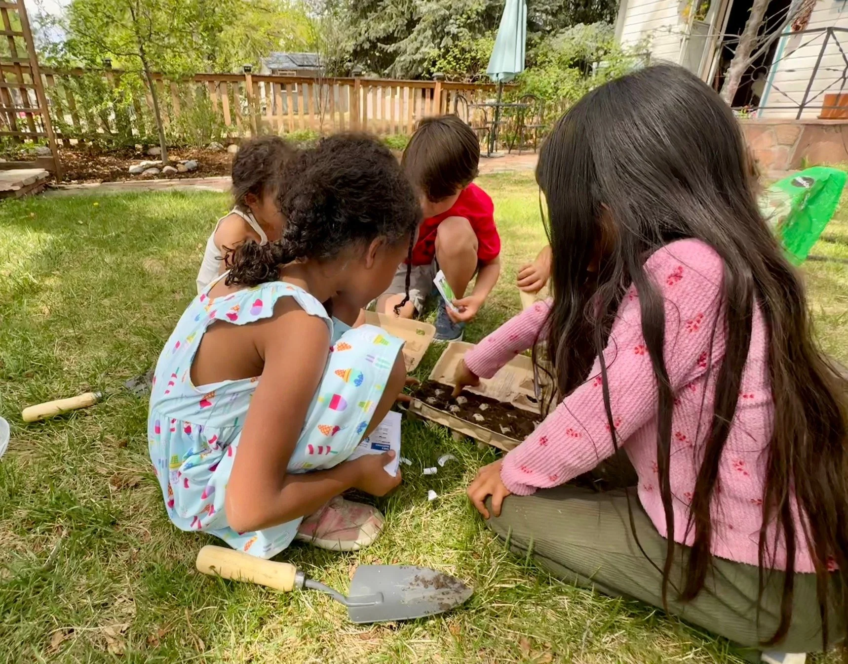 Children planting seedlings in a backyard garden on a sunny day.