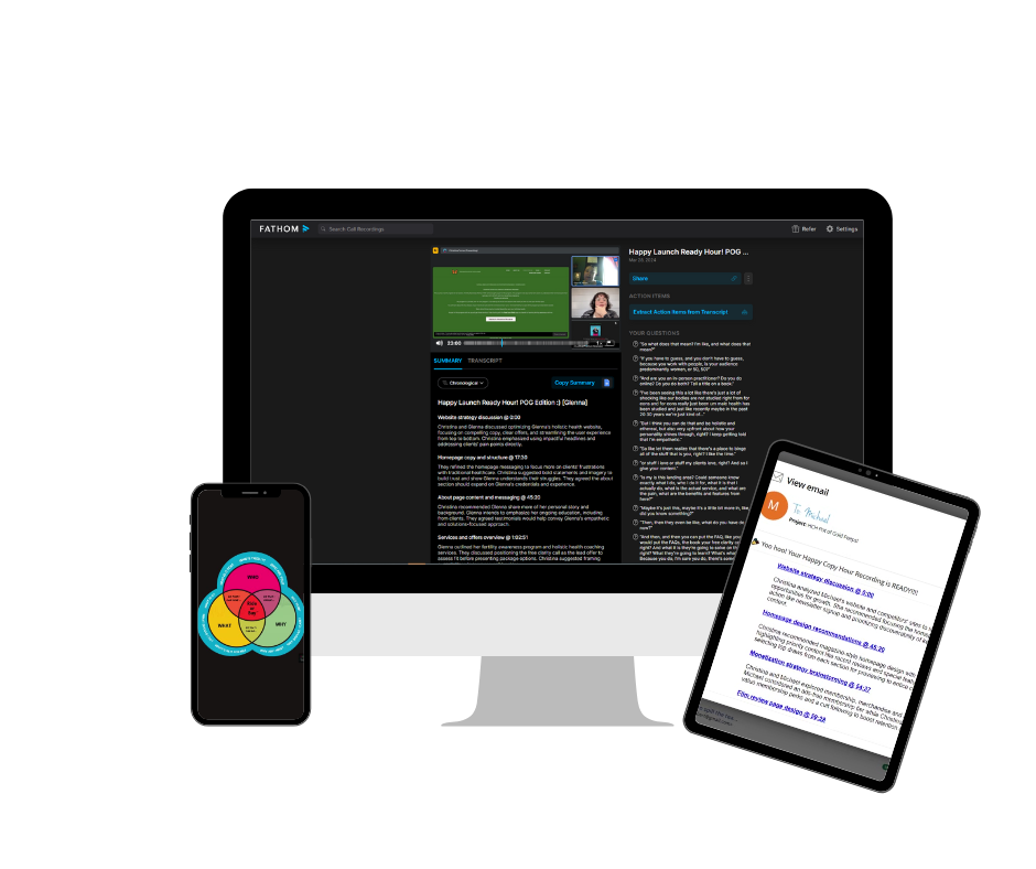 A computer monitor displaying a transcript of a webinar, a tablet showing an email inbox with multiple messages, and a smartphone with a colorful Venn diagram of different work-related categories.