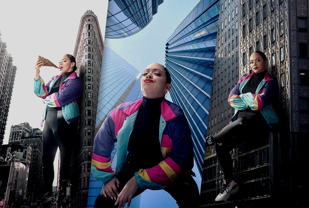 Three women in colorful jackets and black outfits posing in urban environments with tall modern buildings.