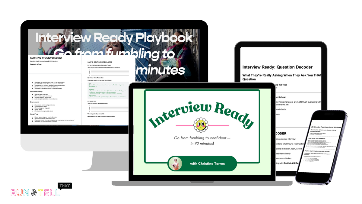 Digital devices showcasing an interview preparation program called 'Interview Ready,' including a computer monitor, a tablet, a laptop, and a smartphone, all displaying interview readiness material and guides.