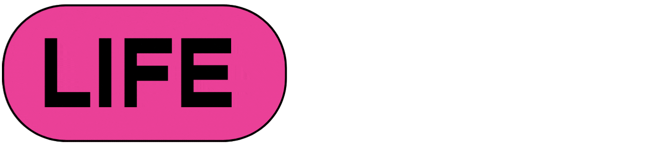 Pink oval with the word LIFE, CREATIVITY, COPY, PEACE in black uppercase letters.