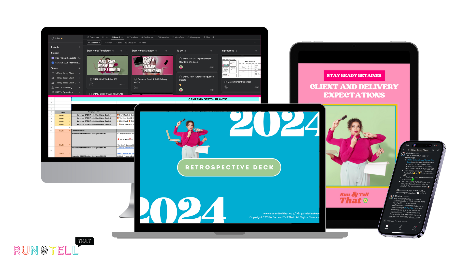 Digital collage showcasing a 2024 retrospective deck, a woman with curly hair wearing a pink top and white pants, holding a tablet and a phone, surrounded by various screens including a spreadsheet, a presentation slide with pink background, a calendar, and a social media conversation, with colorful text at the bottom reading "FUN TELL THAT".
