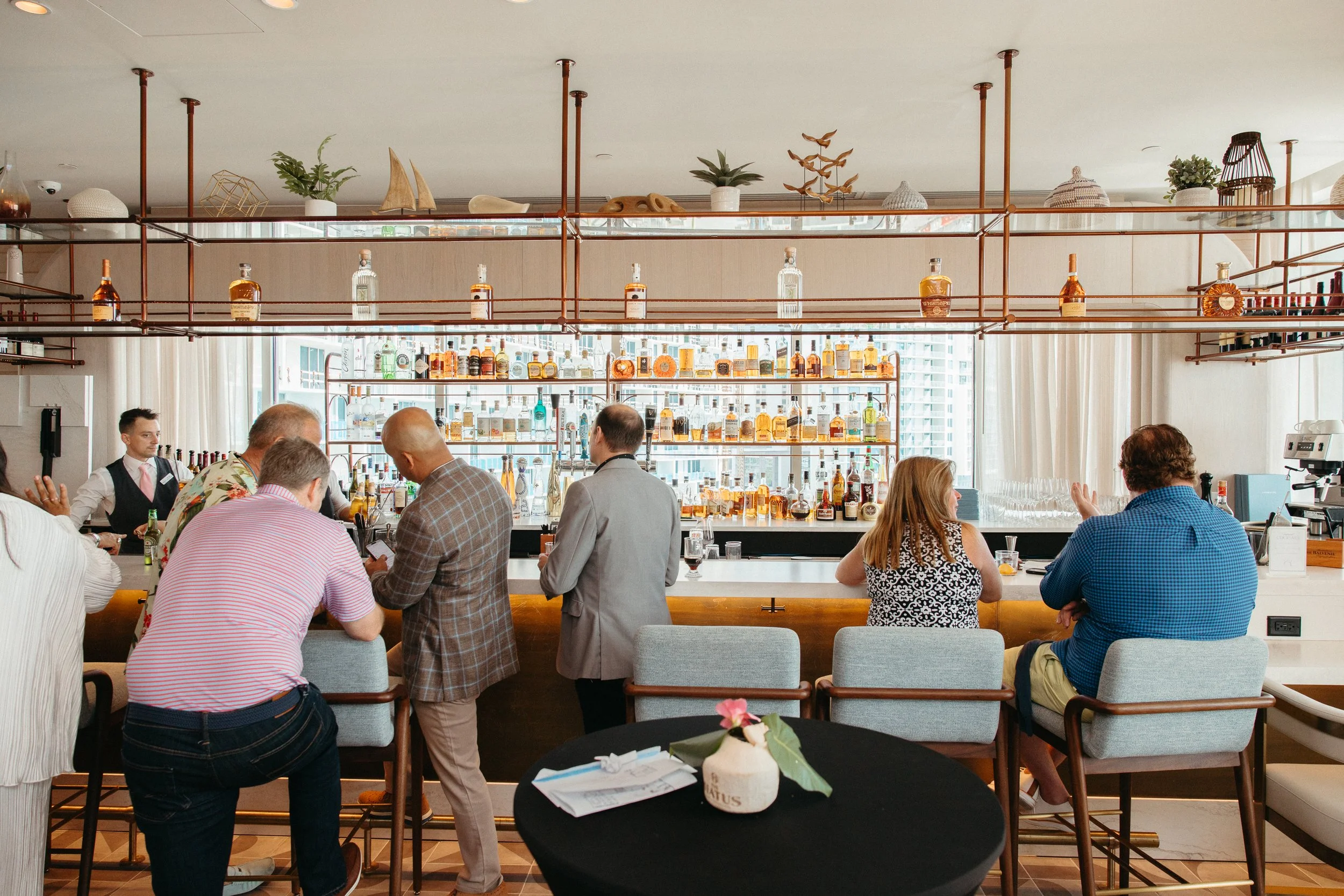 Full bar with craft cocktails at Ocean Seven fine dining restaurant in Clearwater Beach, FL.